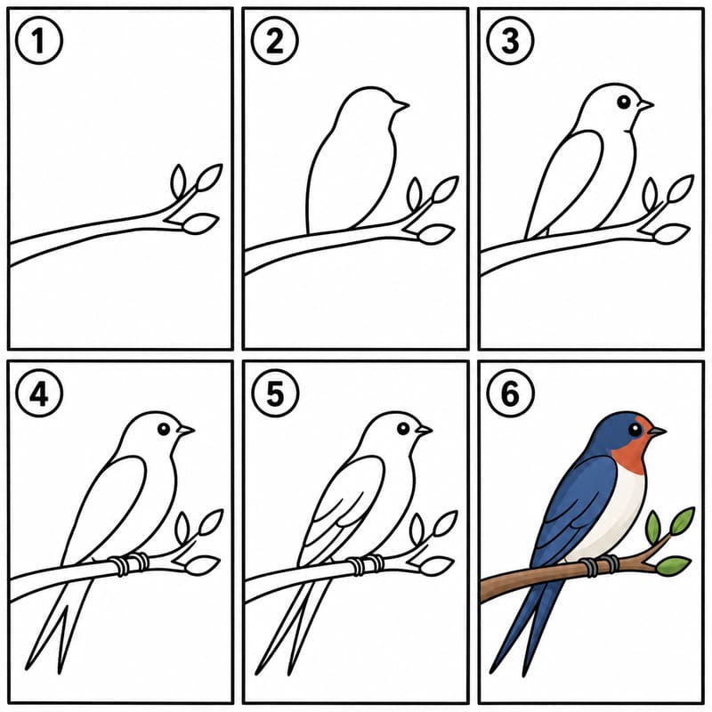 Swallow bird on a tree branch Drawing Ideas