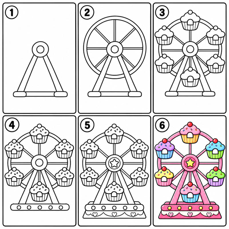 Ferris Wheel with Cupcake-Shaped Cabins Drawing Ideas