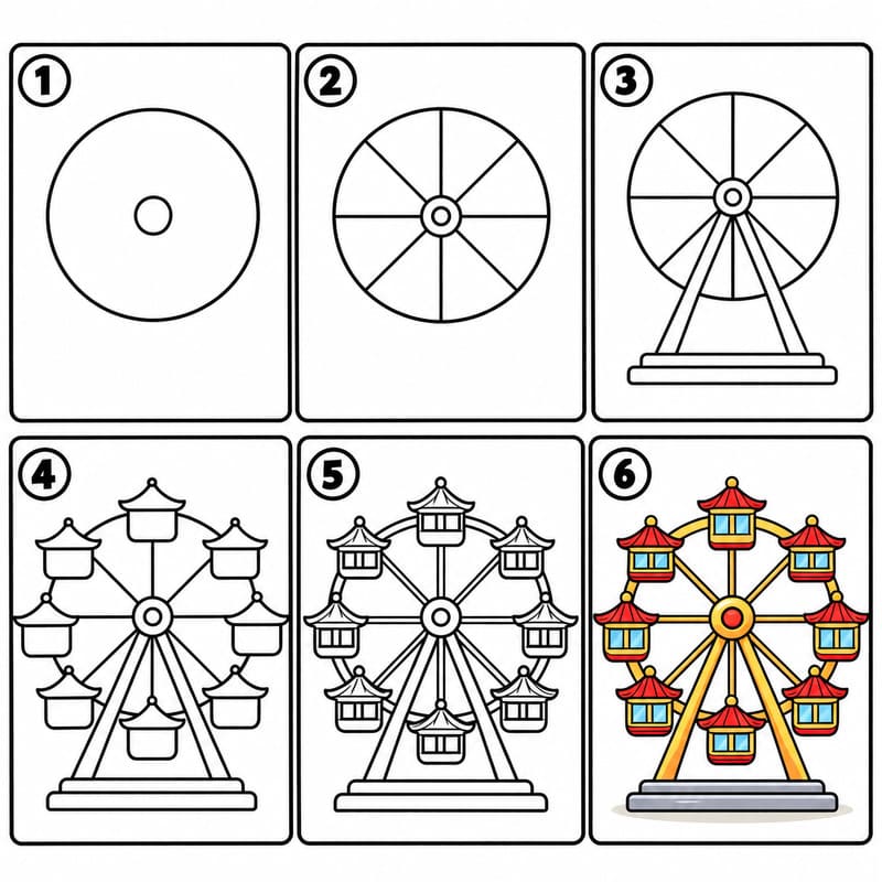 Ferris Wheel with Pagoda Cabins Drawing Ideas