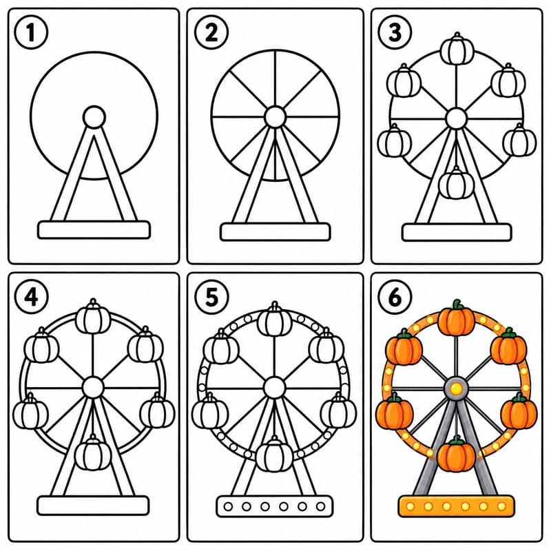 Ferris Wheel with Pumpkin-Shaped Cabins Drawing Ideas