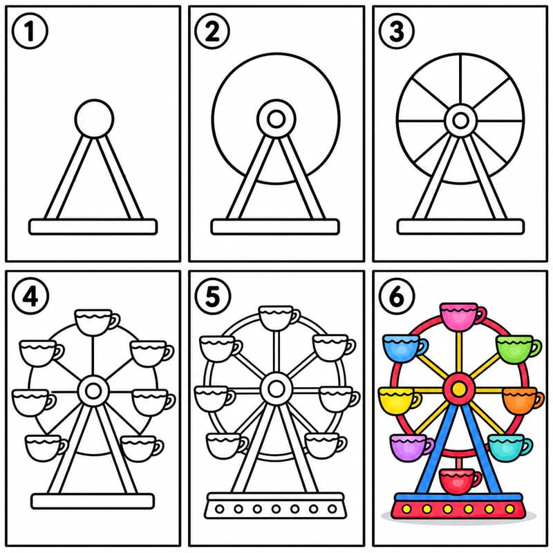 Ferris Wheel with Teacup-Shaped Cabins Drawing Ideas